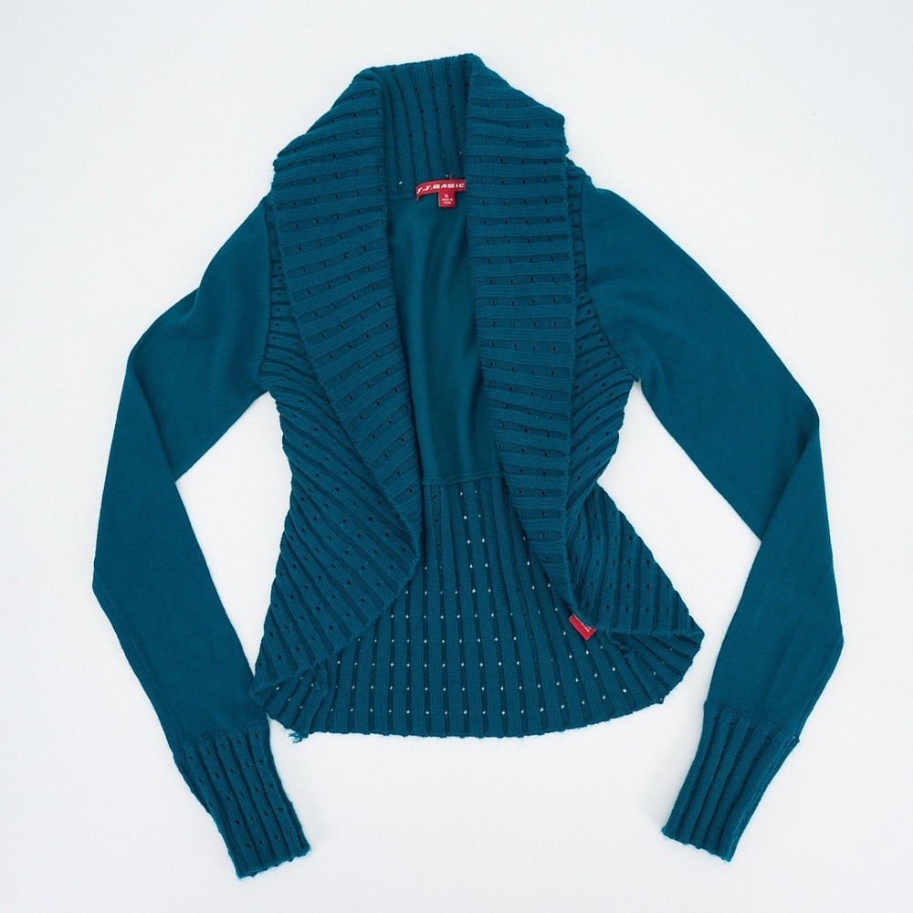 J.J. Basics Teal Open-Front Cardigan Pointelle Knit Shawl Collar